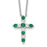SSRhodium-Rhodium-Plated Green CZ May Birthstone Cross With 2 Inch Extention Necklace